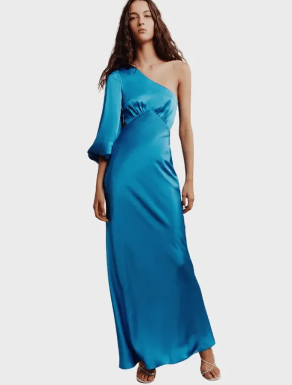 Shona Joy Ciel Silk One Shoulder Open Back Maxi Dress - Aqua< Long Sleeve Dresses | Skirts