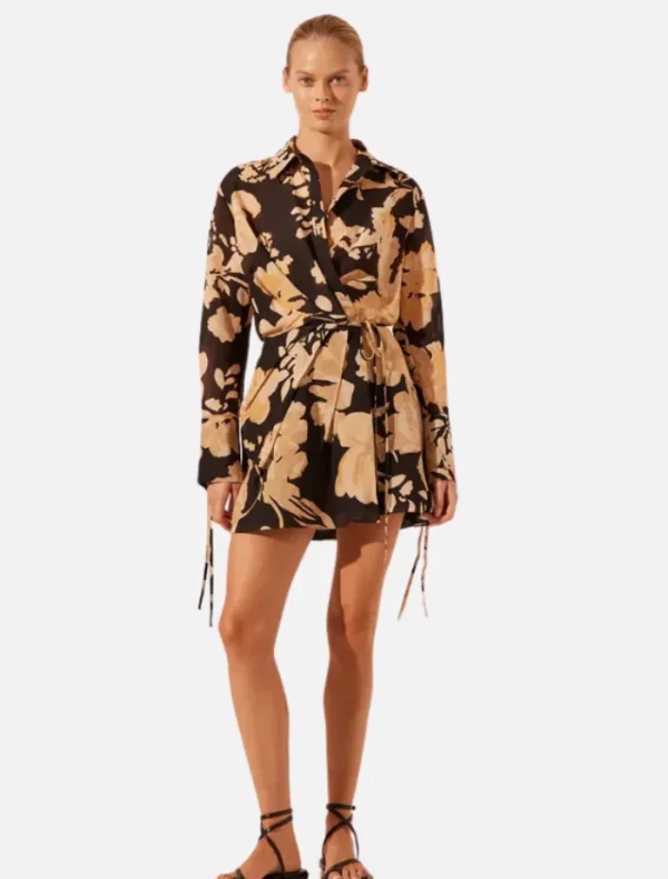 Shona Joy Draped Shirt Mini Dress - Black/Multi< Shirt Dresses | Long Sleeve Dresses