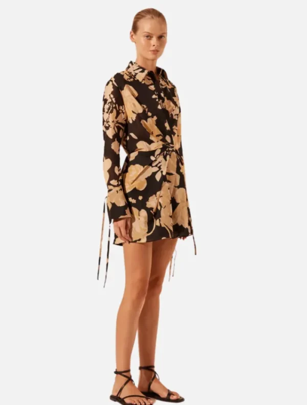 Shona Joy Draped Shirt Mini Dress - Black/Multi< Shirt Dresses | Long Sleeve Dresses