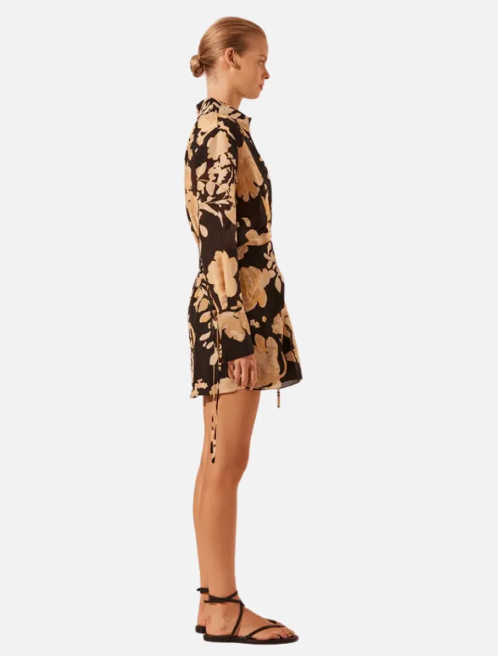 draped_shirt_mini_dress___2.webp Shona Joy Draped Shirt Mini Dress - Black/Multi< Shirt Dresses | Long Sleeve Dresses
