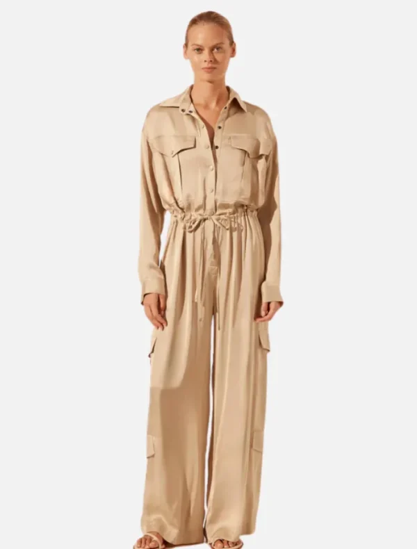 Shona Joy Drawstring Utility Jumpsuit - Oat< Shirt Dresses | Casual Dresses