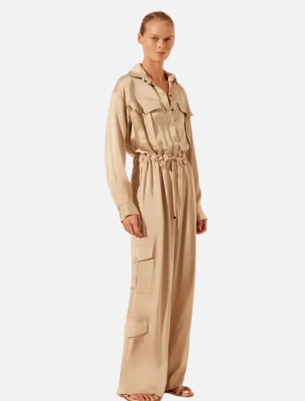 Shona Joy Drawstring Utility Jumpsuit - Oat< Shirt Dresses | Casual Dresses