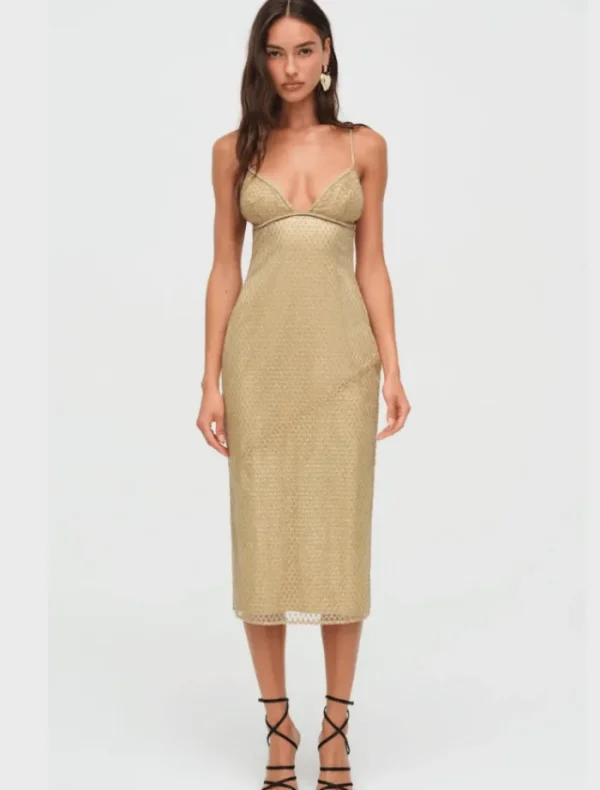 For Love & Lemons Glitter Grid Midi Dress - Gold< Casual Dresses | Mini Dresses