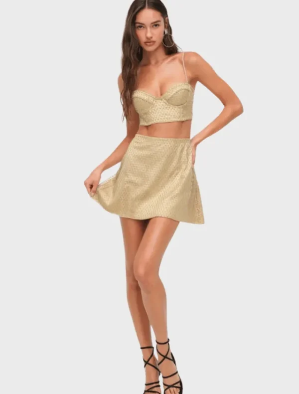 For Love & Lemons Glitter Grid Mini Skirt - Gold< Skirts
