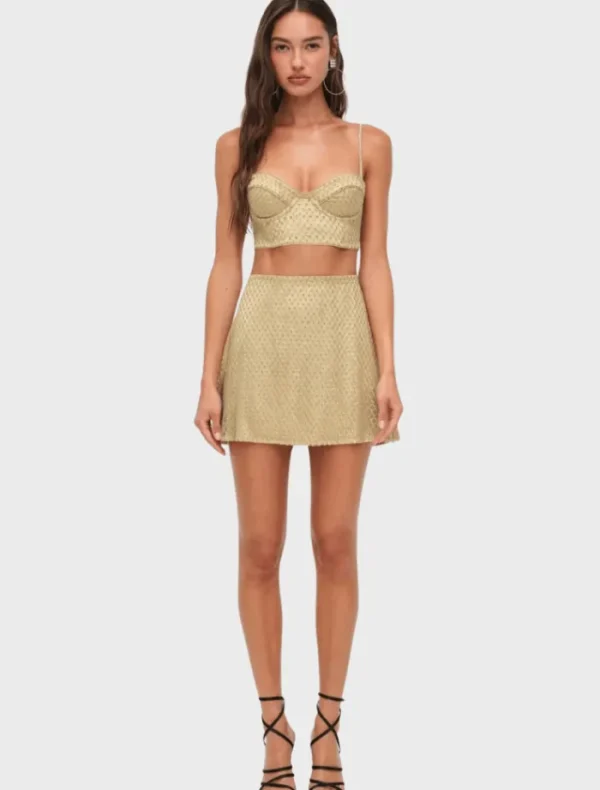 For Love & Lemons Glitter Grid Mini Skirt - Gold< Skirts
