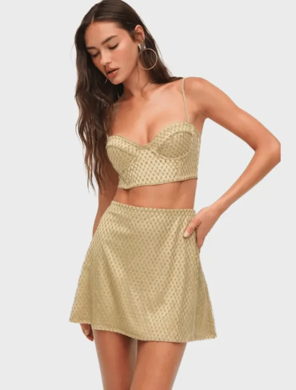 For Love & Lemons Glitter Grid Mini Skirt - Gold< Skirts