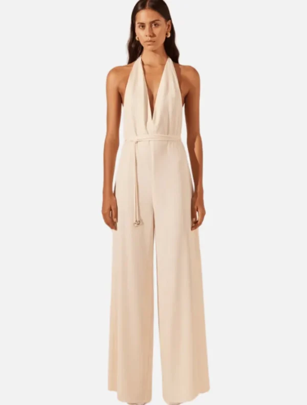 Shona Joy Halter Neck Open Back Jumpsuit - Rice< Jumpers | Jumpsuits / Playsuits