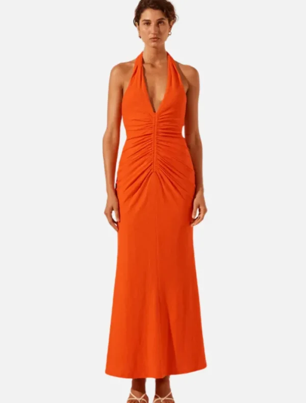 Shona Joy Halter Ruched Midi Dress - Hibiscus< Midi Dresses | Skirts
