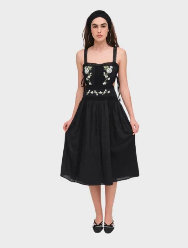 For Love & Lemons Jolene Embroidered Midi Dress - Black< Casual Dresses | Mini Dresses