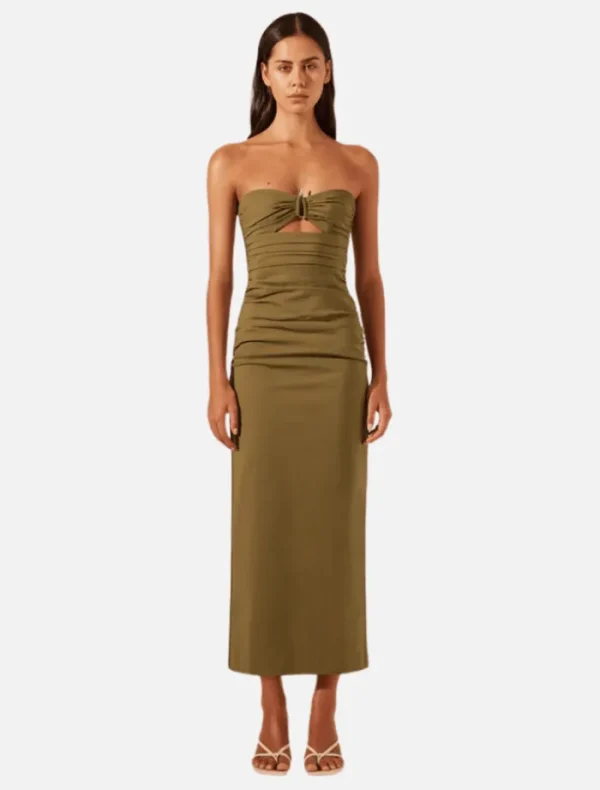 Shona Joy Lani Strapless Gathered Midi Dress - Army Green< Casual Dresses | Midi Dresses