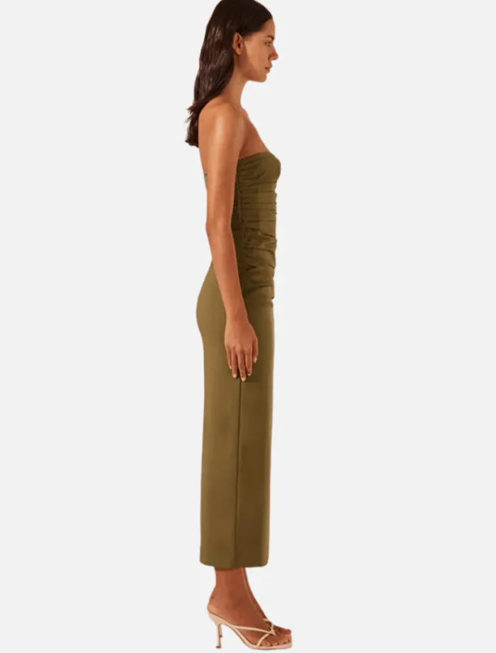 lani_strapless_gathered_m_3.webp Shona Joy Lani Strapless Gathered Midi Dress - Army Green< Casual Dresses | Midi Dresses