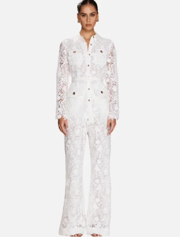 Sonya Rana Lace Flared Pant - White< Pants