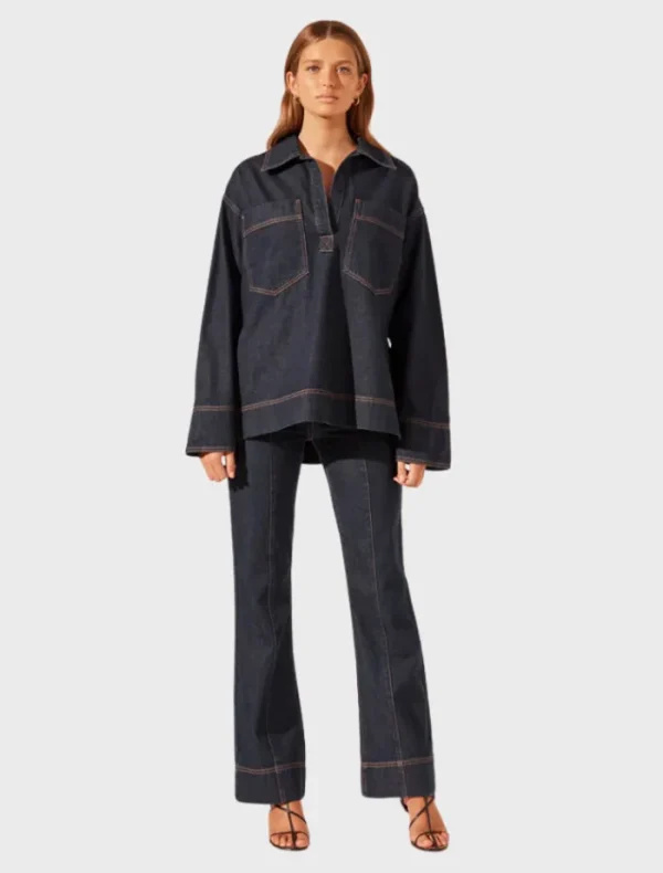 Shona Joy Rita Patch Pocket Shirt - Deep Indigo< Shirt Dresses | Long Sleeve Dresses