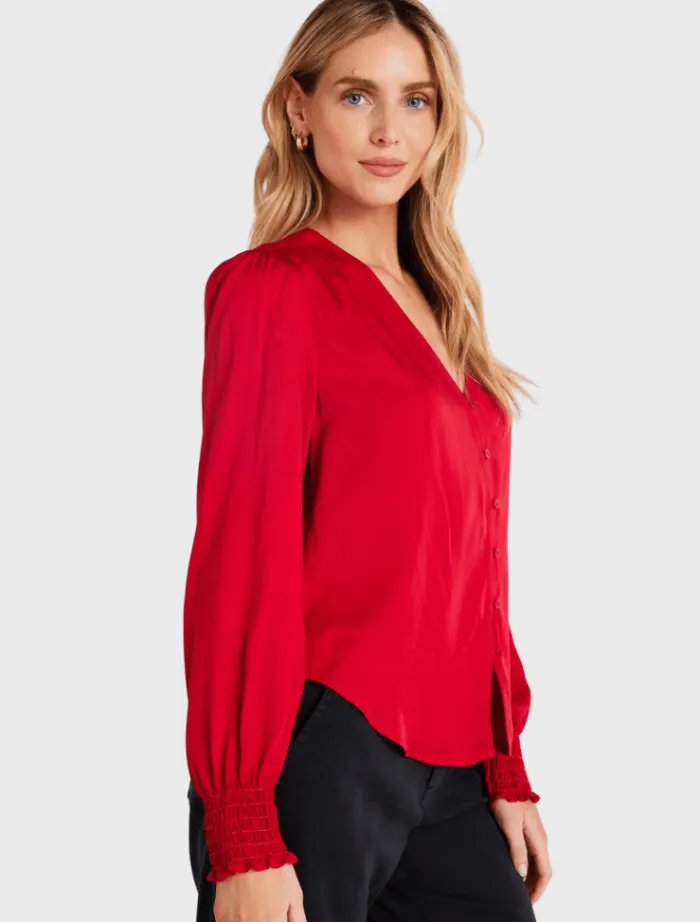 smocked_cuff_button_down__0.webp Bella Dahl Smocked Cuff Button Down - Cherry Red< Shirts | Tops