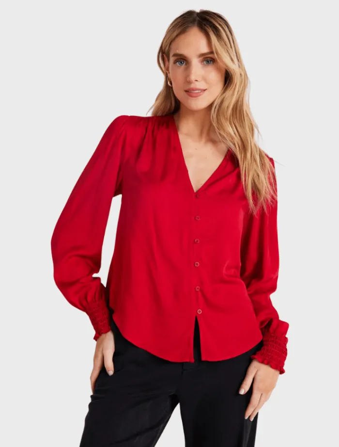 smocked_cuff_button_down__2.webp Bella Dahl Smocked Cuff Button Down - Cherry Red< Shirts | Tops