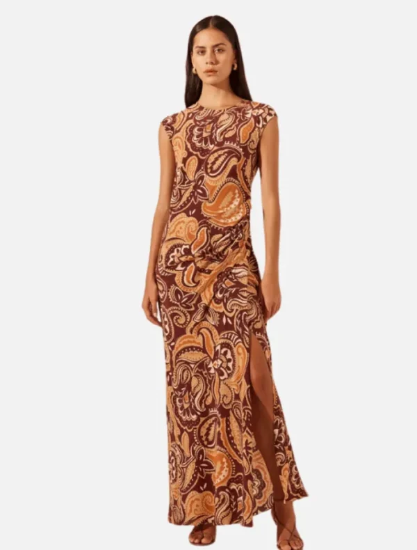 Shona Joy Zahra Silk Side Split Maxi Dress - Burgundy/Multi< Casual Dresses | Mini Dresses